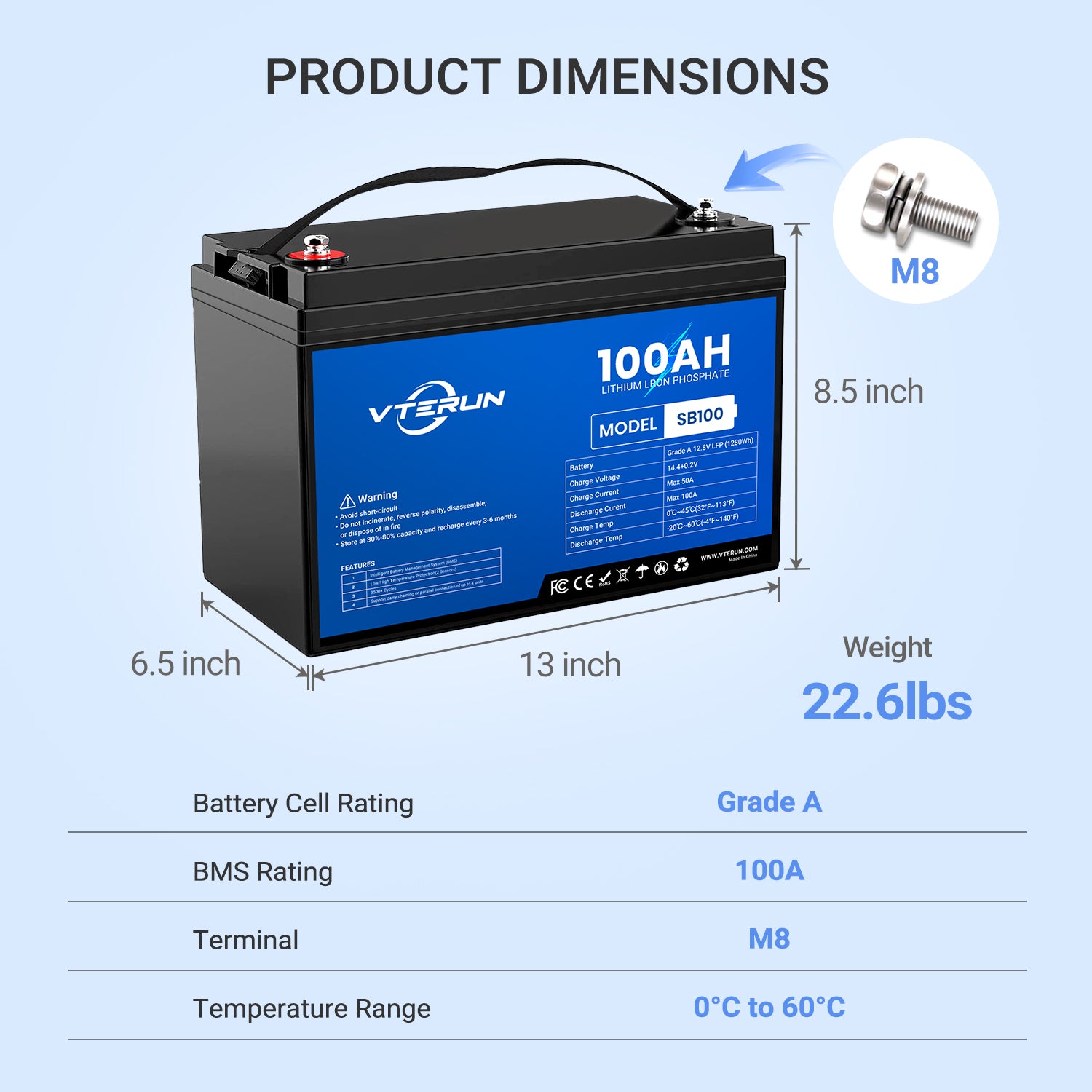 Vterun SB100 Deep Cycle Solar Battery with Low Temperature Protection