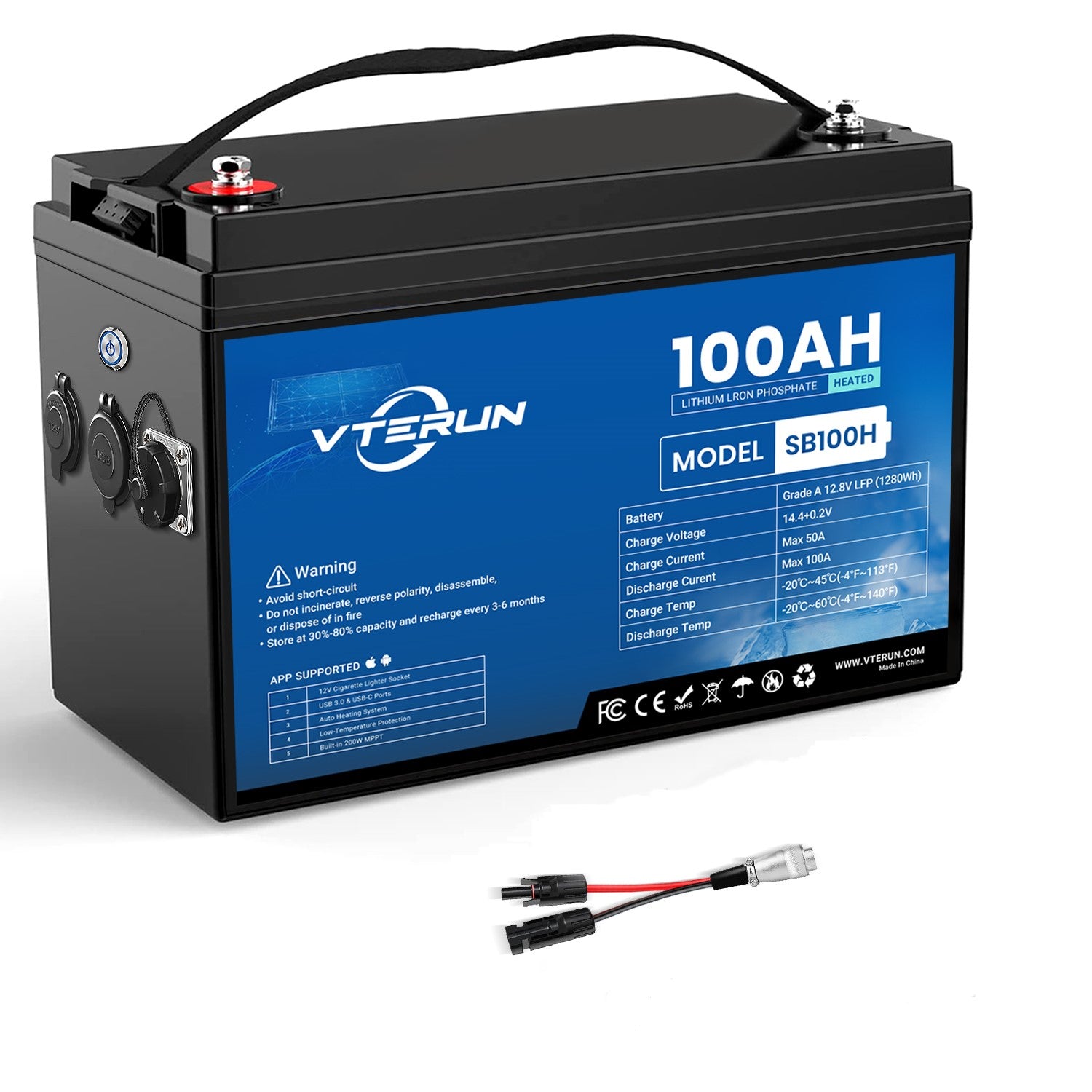 Vterun SB100H Solar Battery with Auto-heating, MPPT, Cigarette Lighter and USB Ports